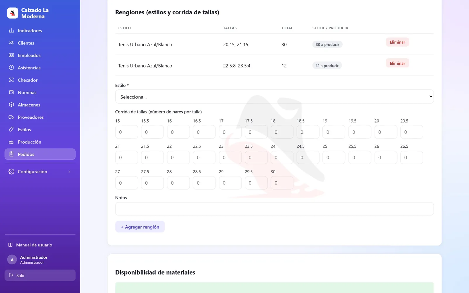 Pedidos con corrida de tallas