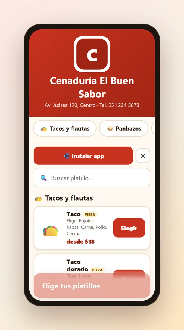 Pedidos en línea y app instalable