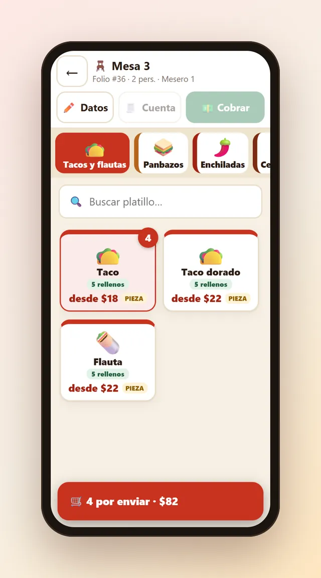 Pedidos desde el teléfono o la tableta del mesero