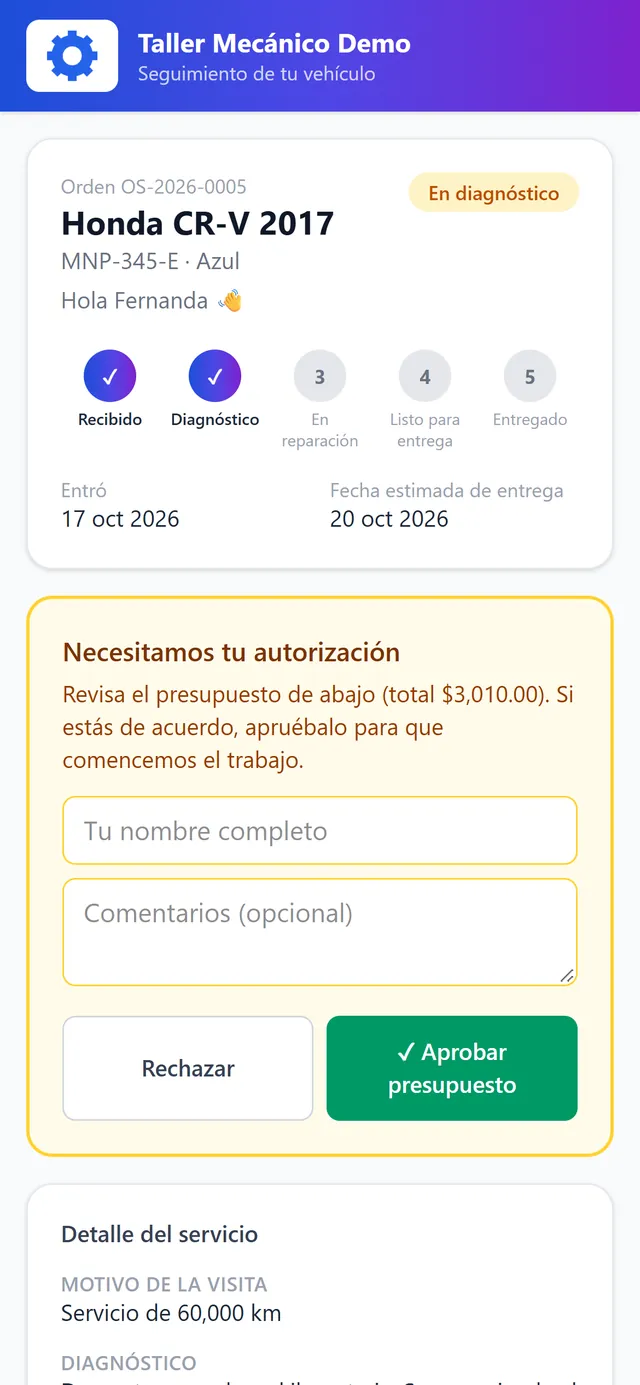 El cliente autoriza el presupuesto desde su celular